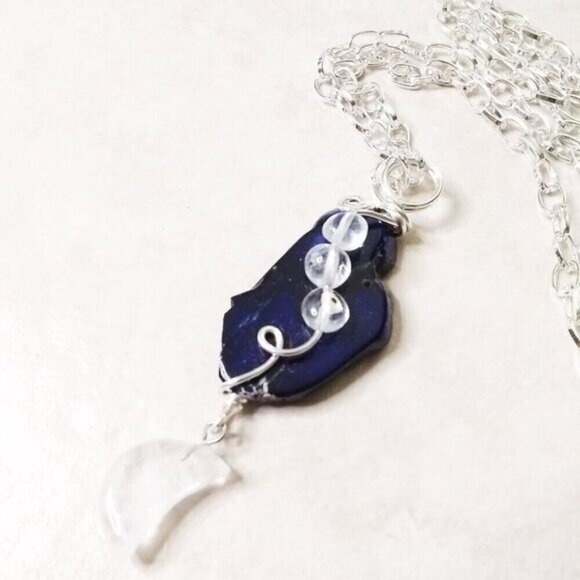 Dark Blue Sea Sediment Jasper & Quartz Drops + Quartz Moon Goddess Necklace - Picture 3 of 7